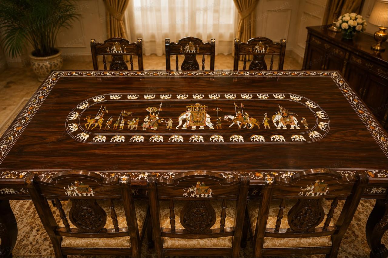 Dussehra-Inspired Rosewood Inlay Dining Set – Eight-Seater - Image 1