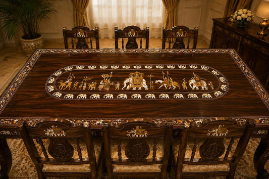 Dussehra-Inspired Rosewood Inlay Dining Set – Eight-Seater - Image 1